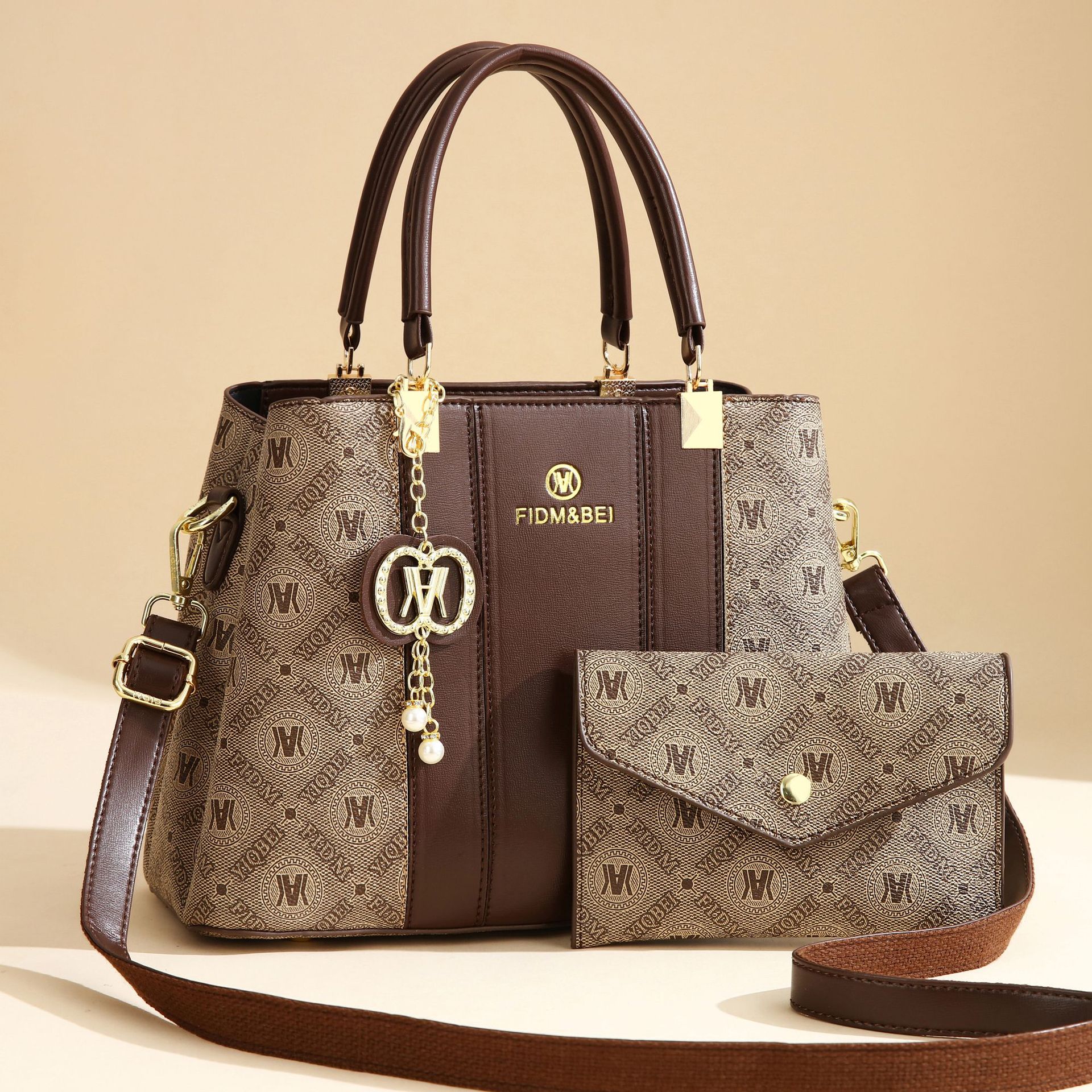 Premium Women’s Monogram Print Handbag Set – Leather Satchel with Matching Pouch & Bag Charm Prime 131 - Image 6
