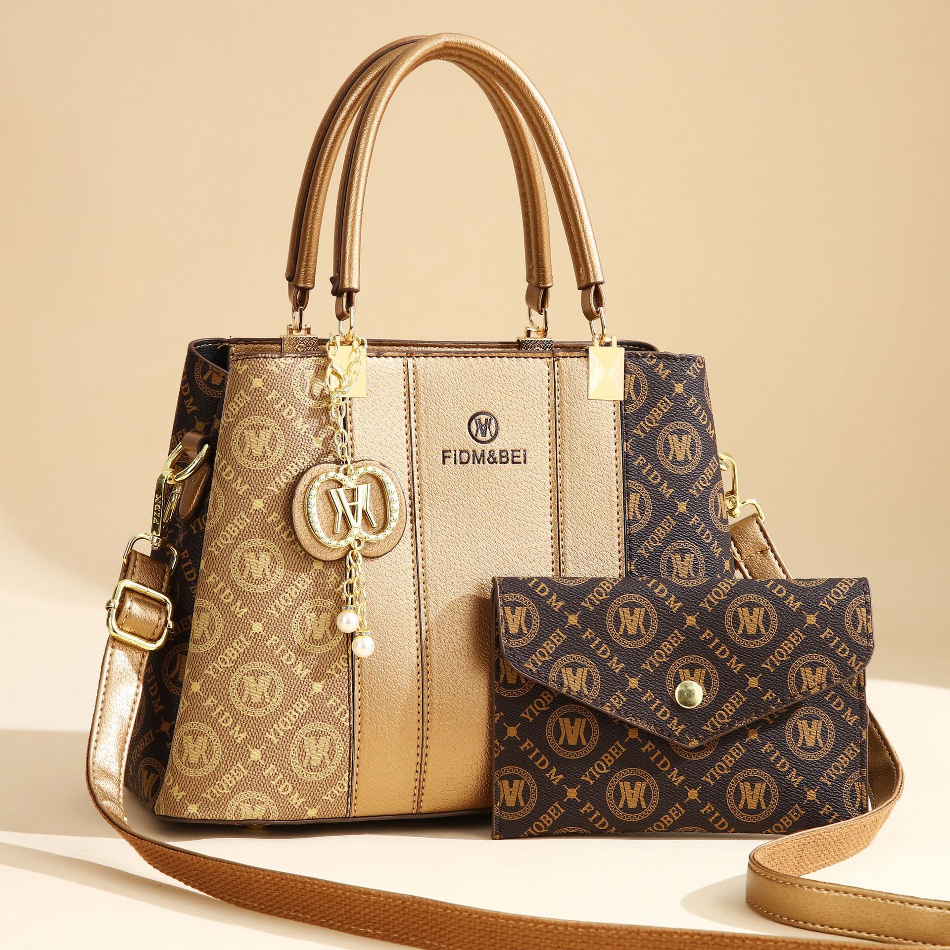 Premium Women’s Monogram Print Handbag Set – Leather Satchel with Matching Pouch & Bag Charm Prime 131 - Image 5
