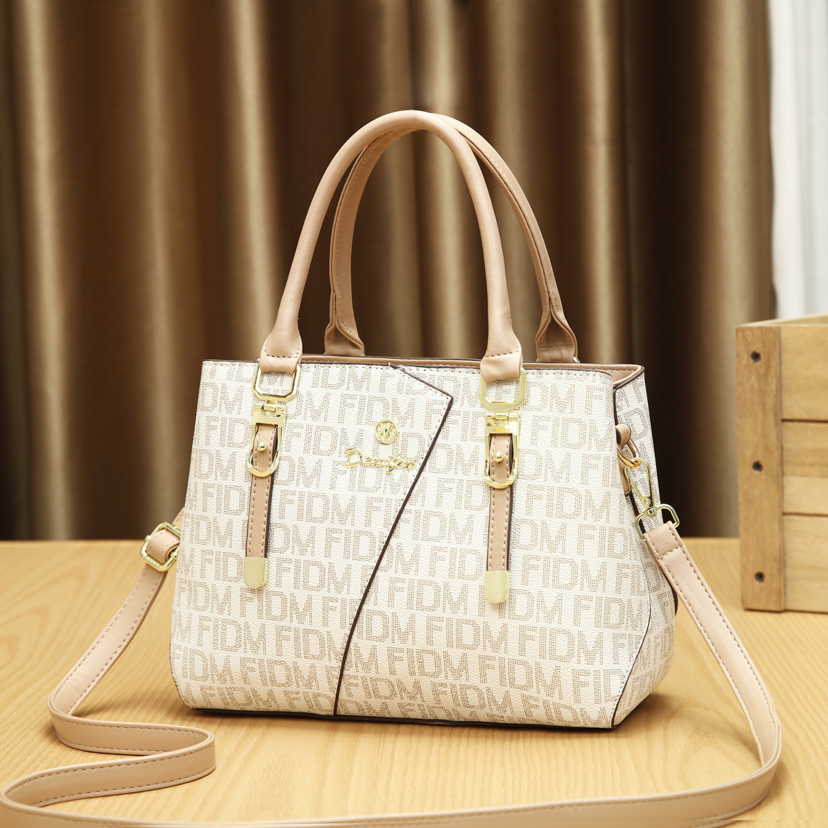 Women’s Dual-Tone Monogram Shoulder Bag – Asymmetric Patterned Leather Satchel with Bag Charm Prime 132 - Image 4