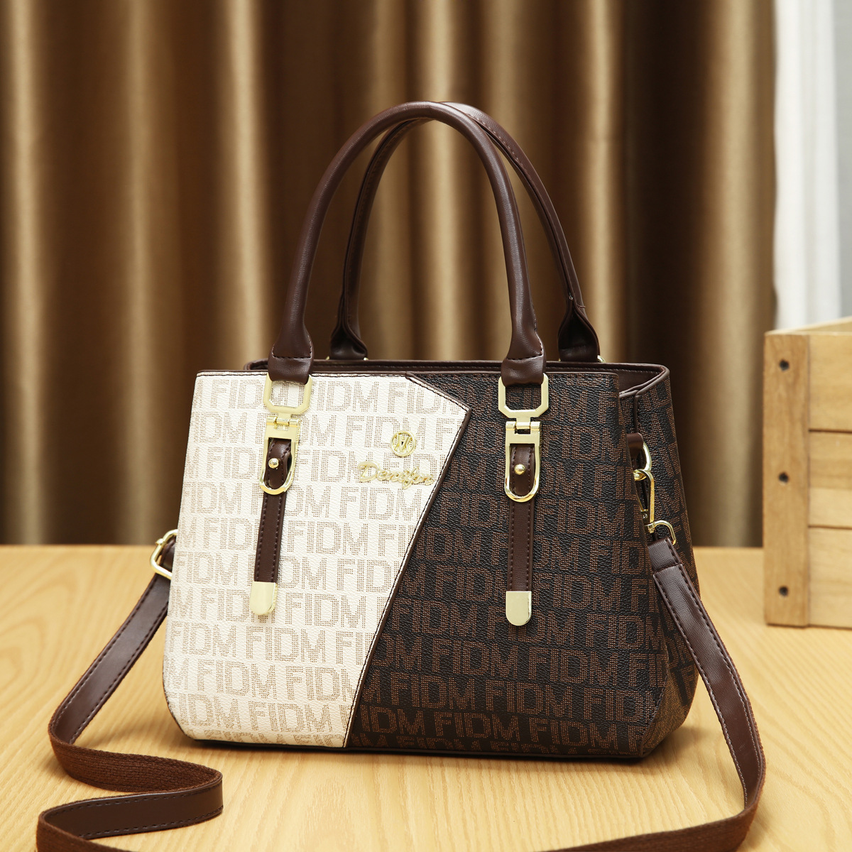 Women’s Dual-Tone Monogram Shoulder Bag – Asymmetric Patterned Leather Satchel with Bag Charm Prime 132 - Image 6
