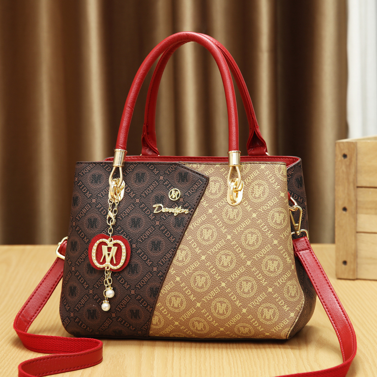 Women’s Dual-Tone Monogram Shoulder Bag – Asymmetric Patterned Leather Satchel with Bag Charm Prime 132 - Image 3
